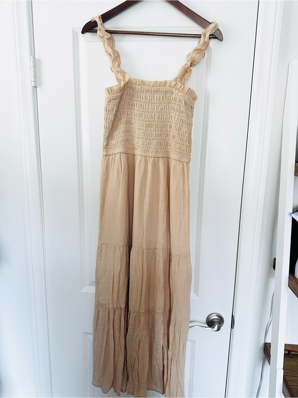 Beige Smocked Ruffle Strap Maxi Dress Boho Cottagecore Size Medium